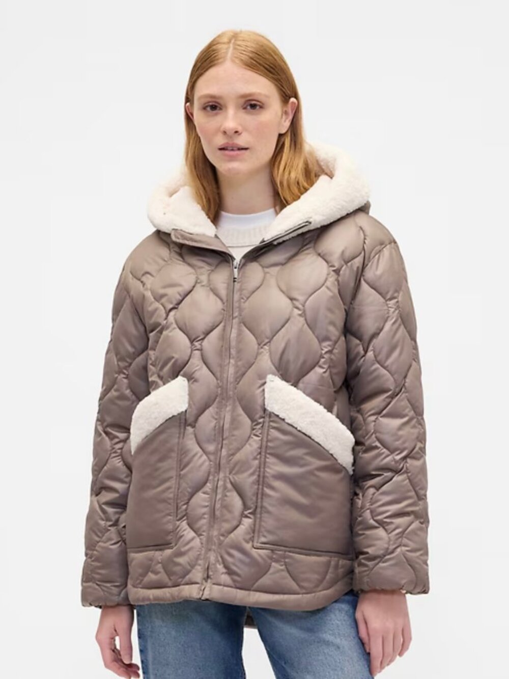 Gap Women's Relaxed Sherpa-Trim Hooded Jacket Size: Small Color: Copper/White